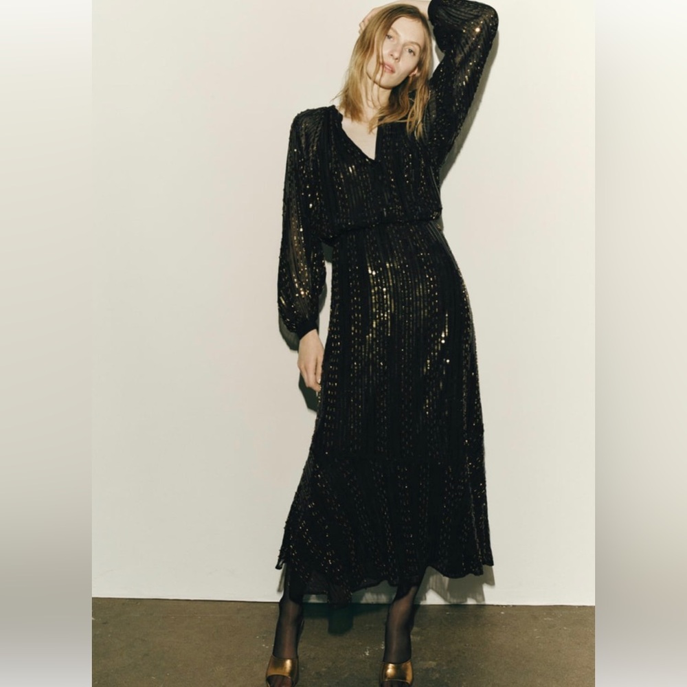 Zara black and gold sequin maxi dress with long sleeves. XSMALL new with tags
